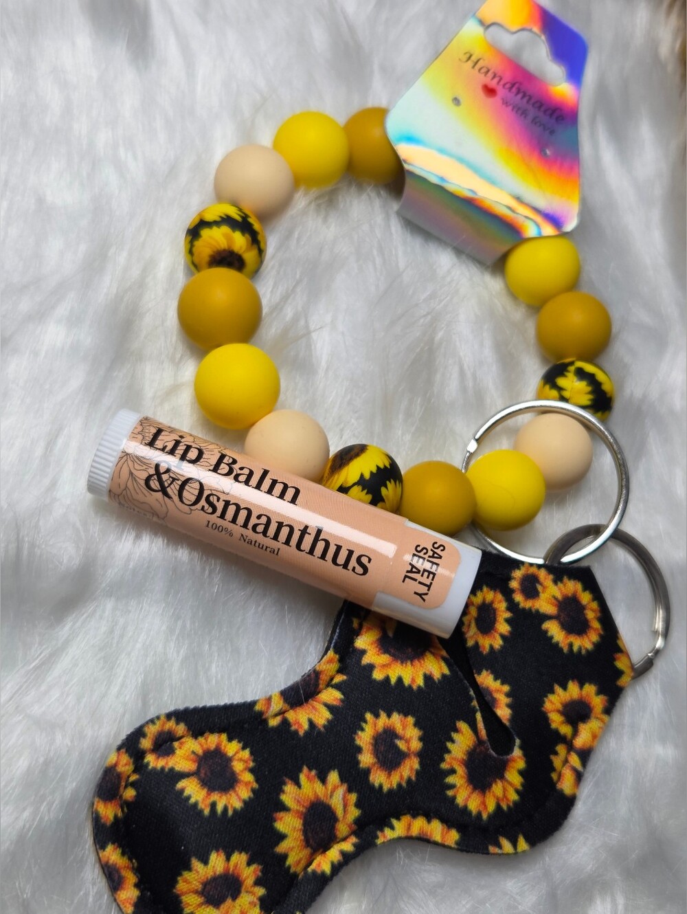 Handmade Silicone Beaded Wristlet Keychain Bracelet Chapstick Holder Sunflower